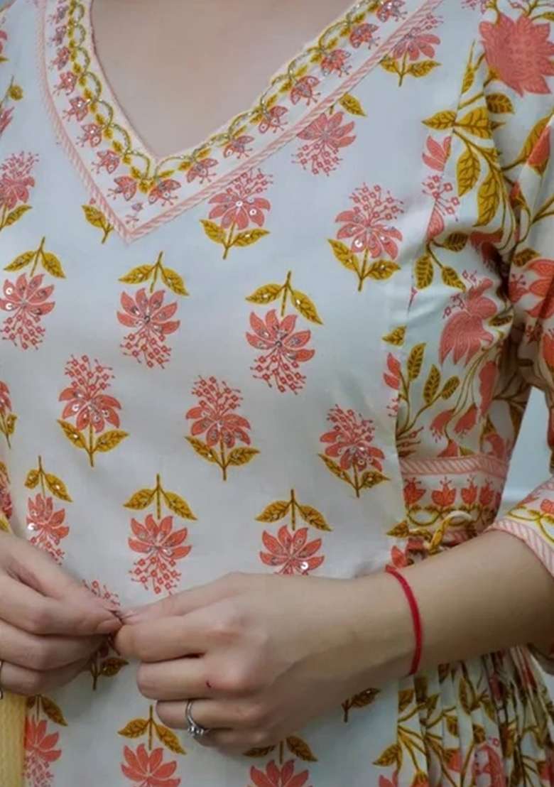 Orange Floral Print Cotton Straight Kurta Set - Indya