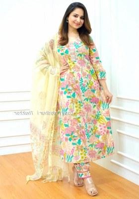 Multicolor Floral Print Cotton Straight Kurta Set