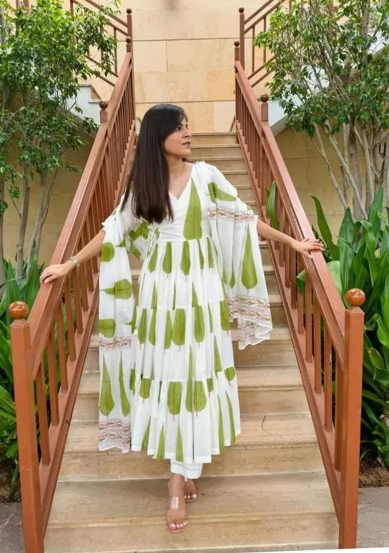 Green Printed Cotton Anarkali Set - Indya