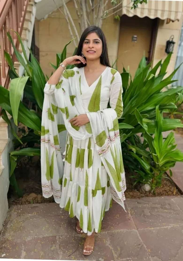 Green Printed Cotton Anarkali Set - Indya