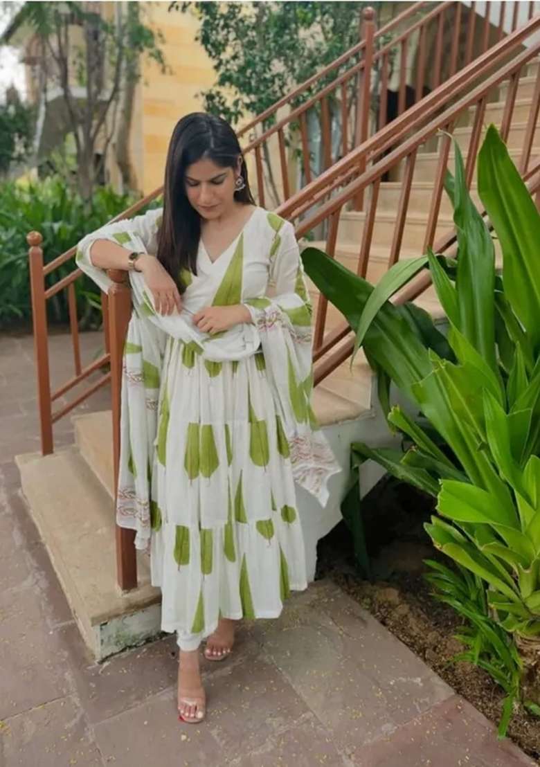 Green Printed Cotton Anarkali Set - Indya