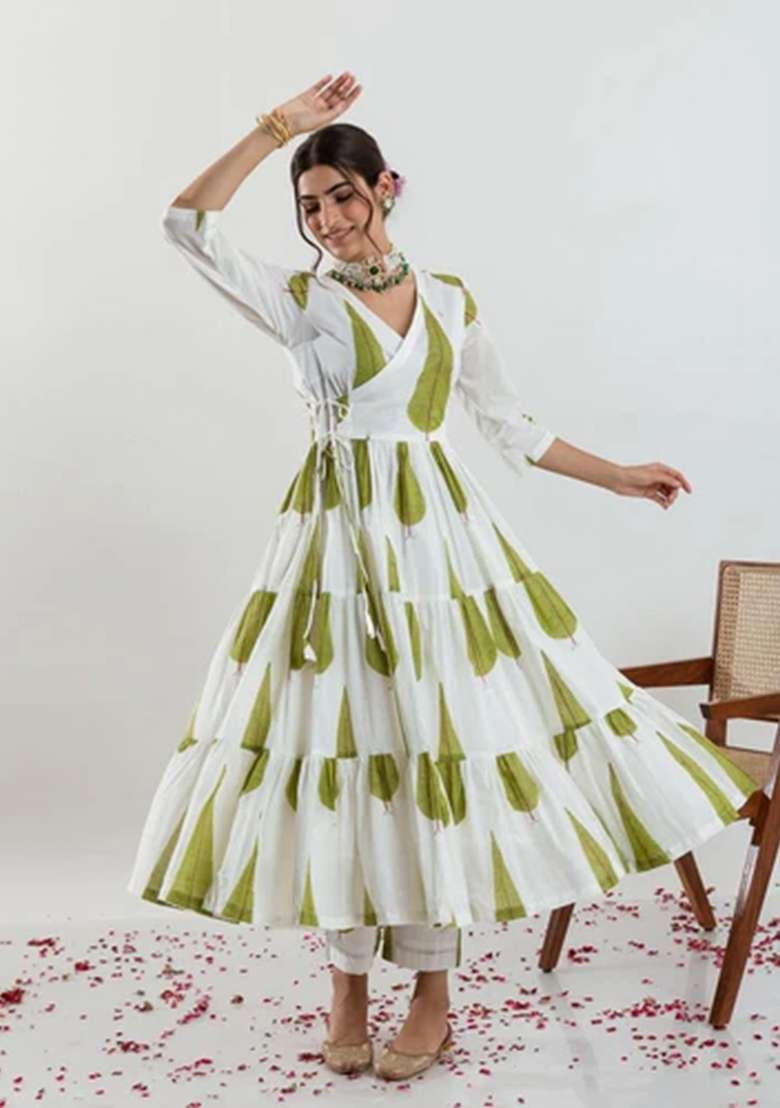 Green Printed Cotton Anarkali Set - Indya