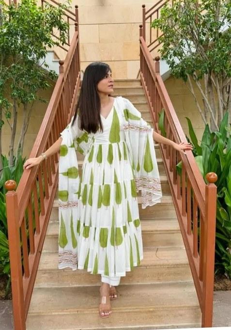 Green Printed Cotton Kurta Set