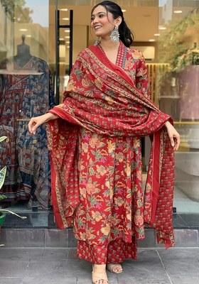 Maroon Floral Print Cotton Straight Kurta Set