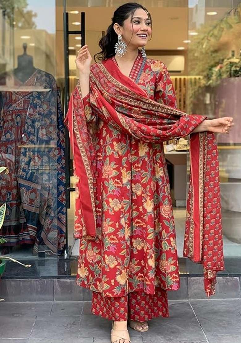Maroon Floral Print Cotton Straight Kurta Set - Indya
