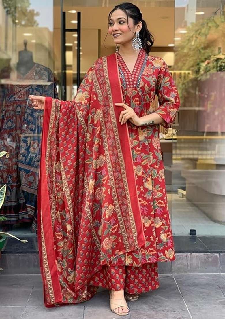 Maroon Floral Print Cotton Straight Kurta Set - Indya
