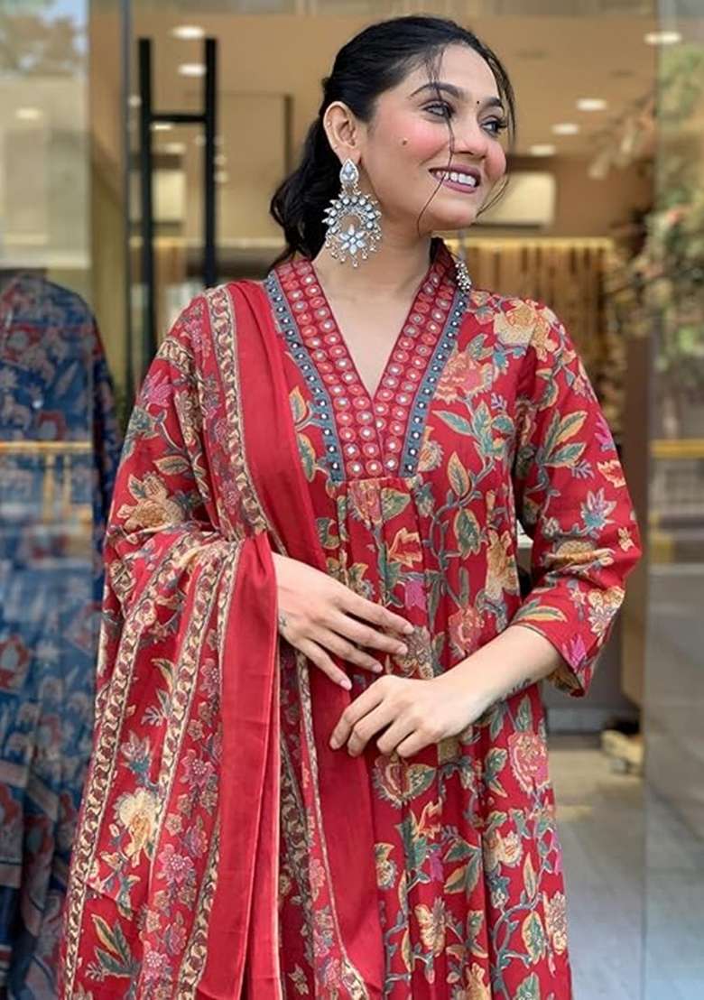 Maroon Floral Print Cotton Straight Kurta Set - Indya