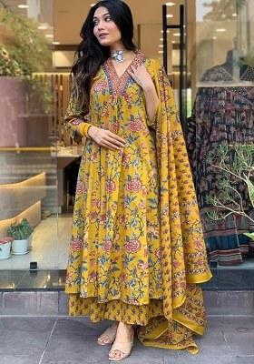 Yellow Embroidered Cotton Anarkali Set