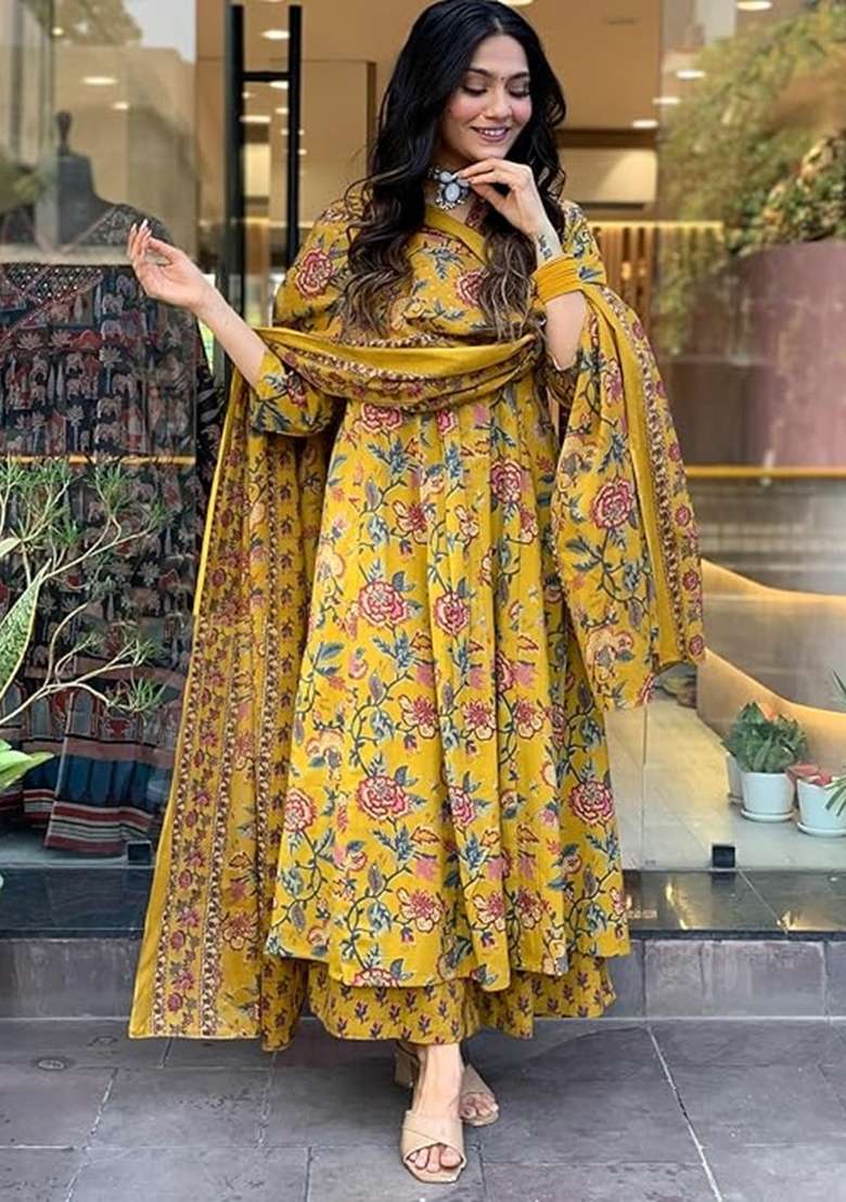 Yellow Embroidered Cotton Anarkali Set - Indya