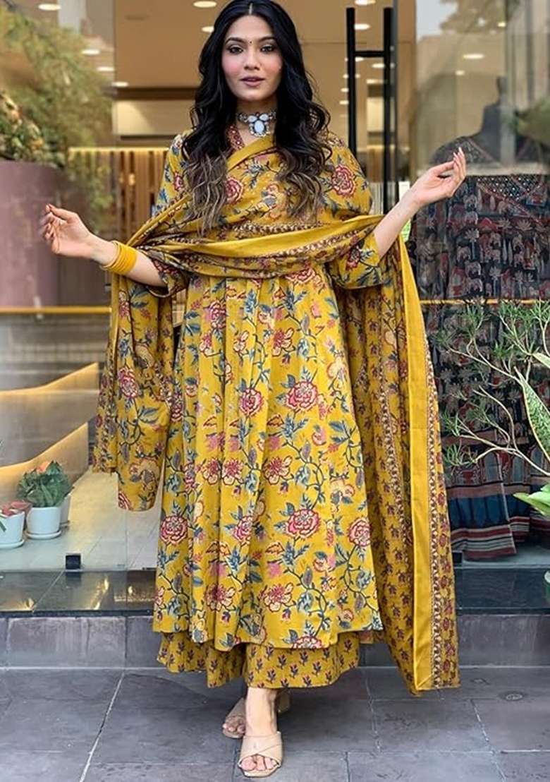 Yellow Embroidered Cotton Anarkali Set - Indya