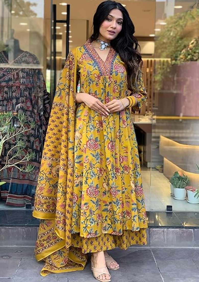 Yellow Embroidered Cotton Anarkali Set - Indya