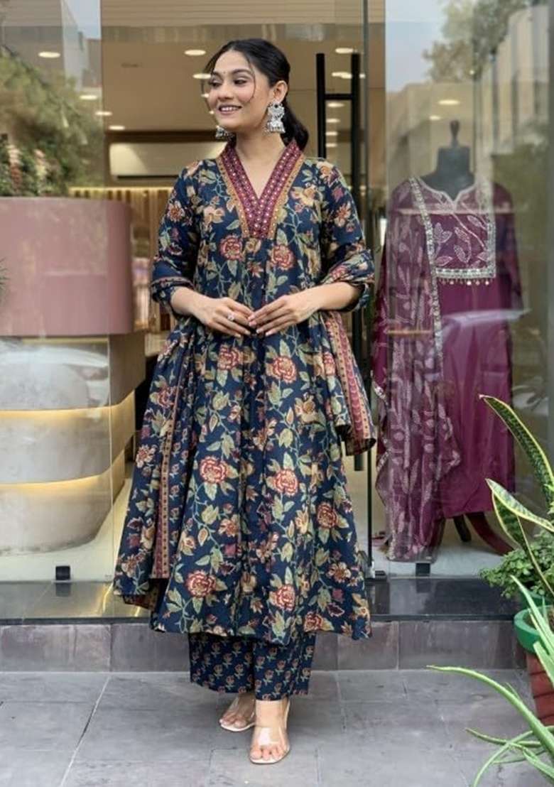 Blue Embroidered Cotton A Line Kurta Set - Indya