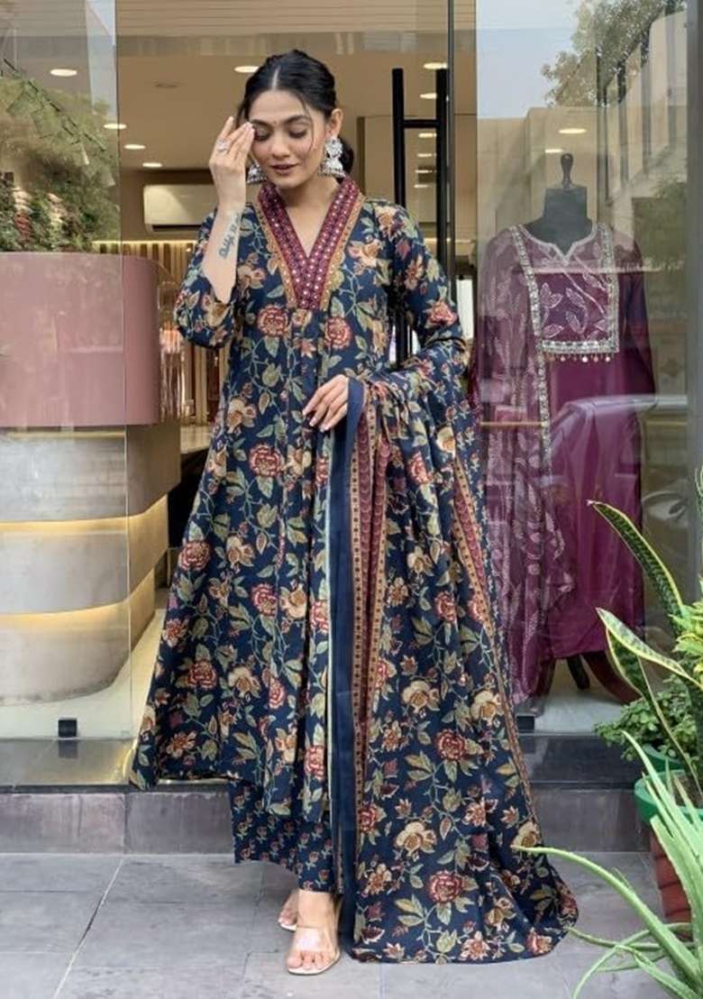 Blue Embroidered Cotton A Line Kurta Set - Indya