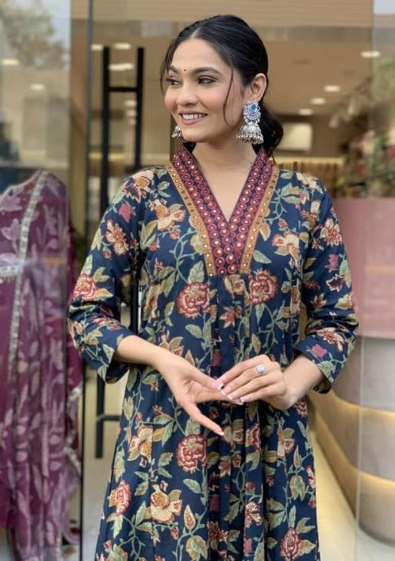 Blue Embroidered Cotton A Line Kurta Set - Indya