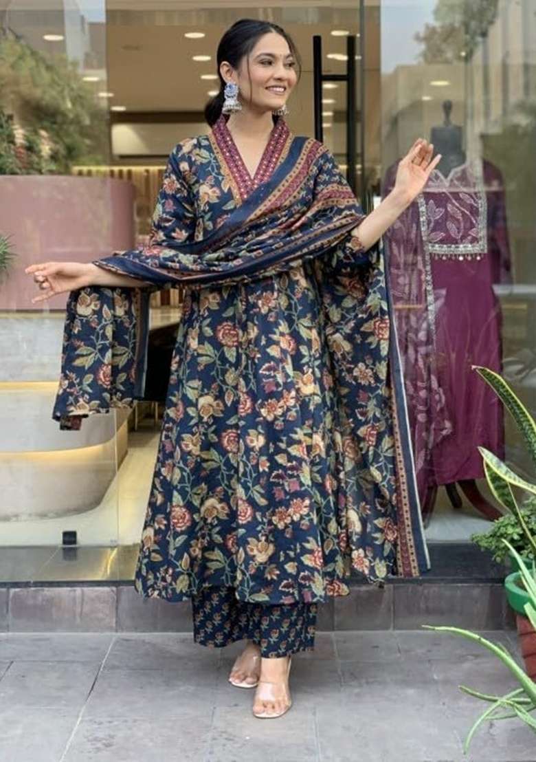 Blue Embroidered Cotton A Line Kurta Set - Indya