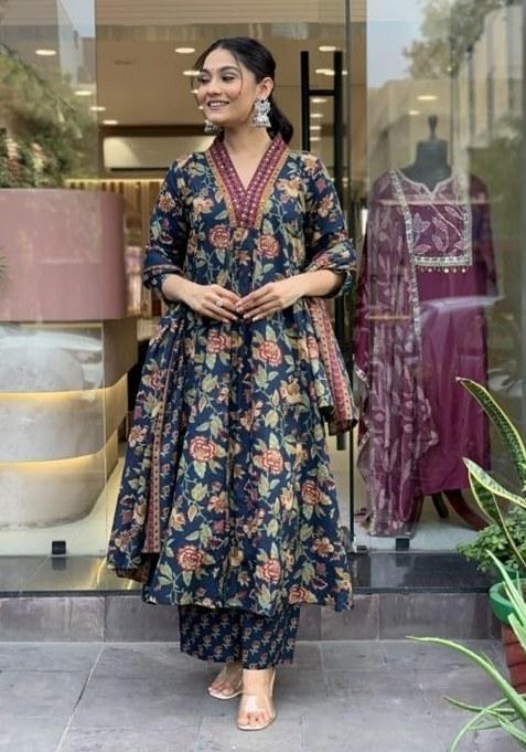 Blue Printed Cotton Kurta Set