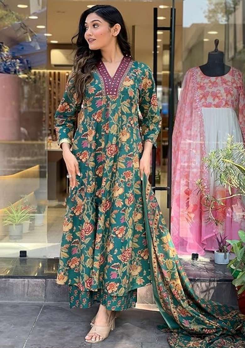 Green Embroidered Cotton A Line Kurta Set - Indya
