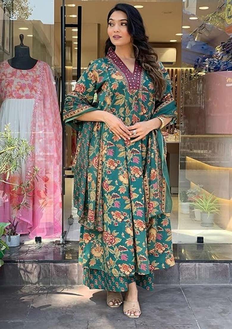 Green Embroidered Cotton A Line Kurta Set - Indya