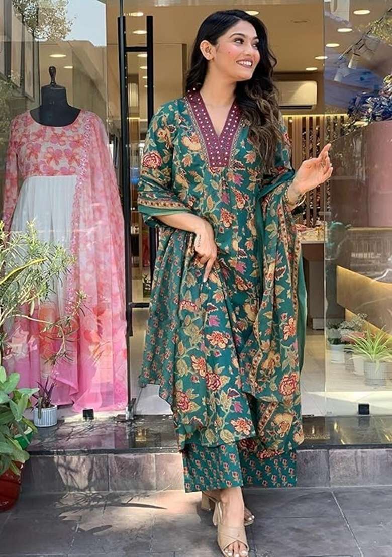 Green Embroidered Cotton A Line Kurta Set - Indya