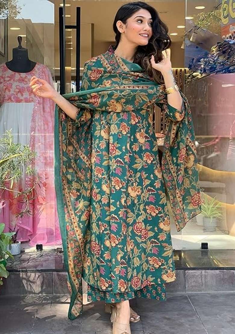 Green Embroidered Cotton A Line Kurta Set - Indya