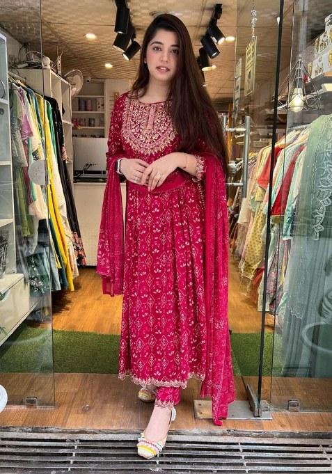 Red Printed Cotton Kurta Set