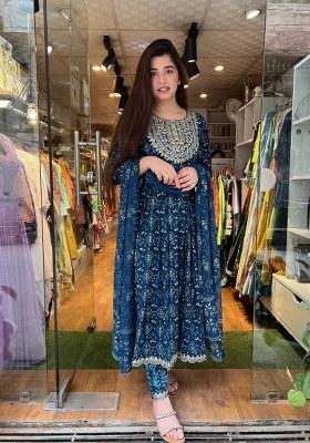Blue Embroidered Cotton Anarkali Set