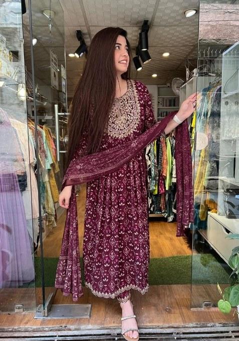 Maroon Printed Cotton Kurta Set