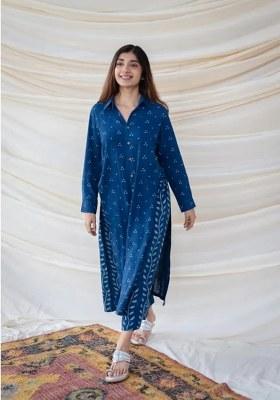 Blue Printed Cotton Straight Kurta Set
