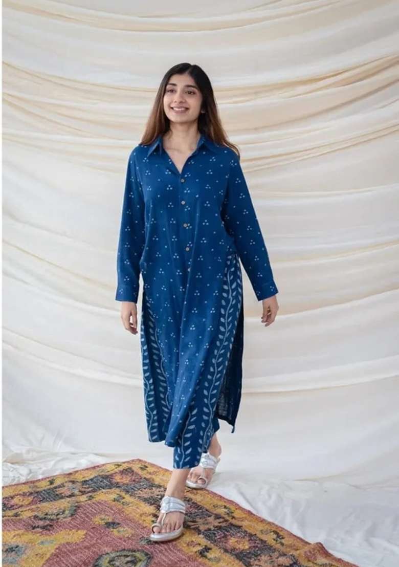 Blue Printed Cotton Straight Kurta Set - Indya