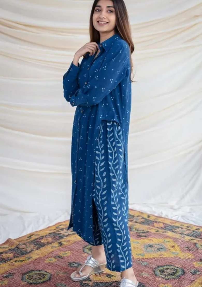 Blue Printed Cotton Straight Kurta Set - Indya