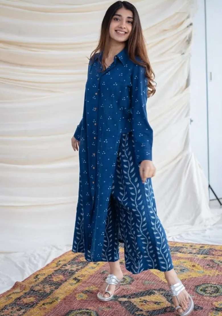 Blue Printed Cotton Straight Kurta Set - Indya