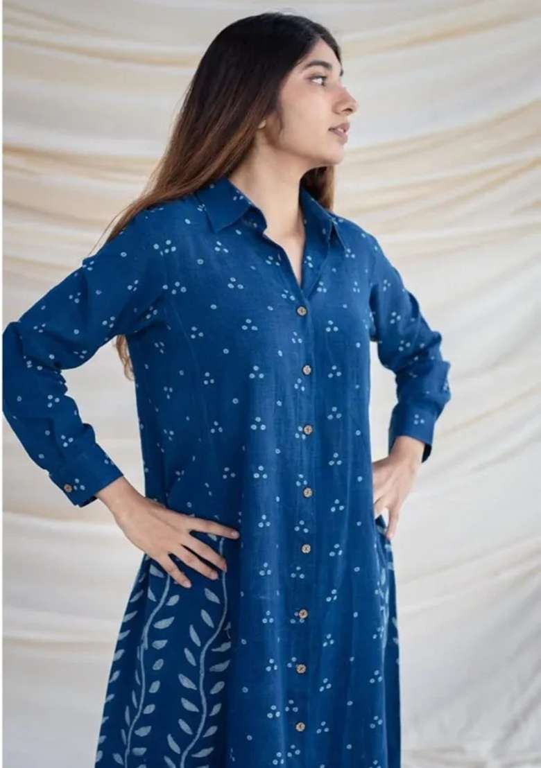 Blue Printed Cotton Straight Kurta Set - Indya