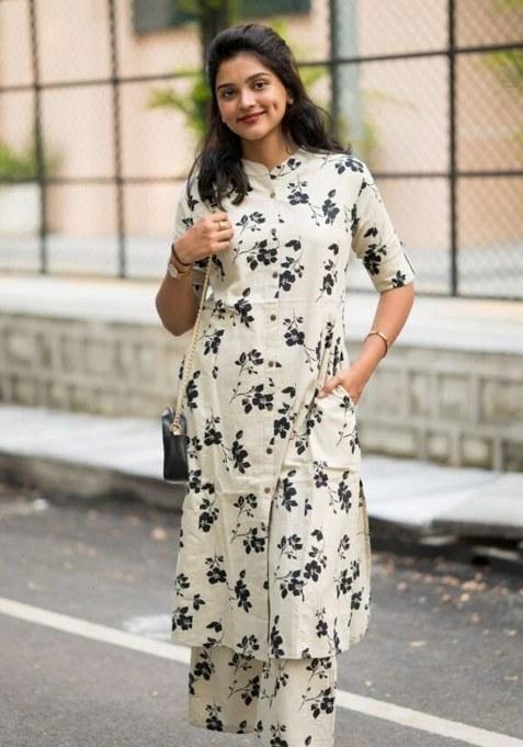 Cream Printed Cotton Kurta Set