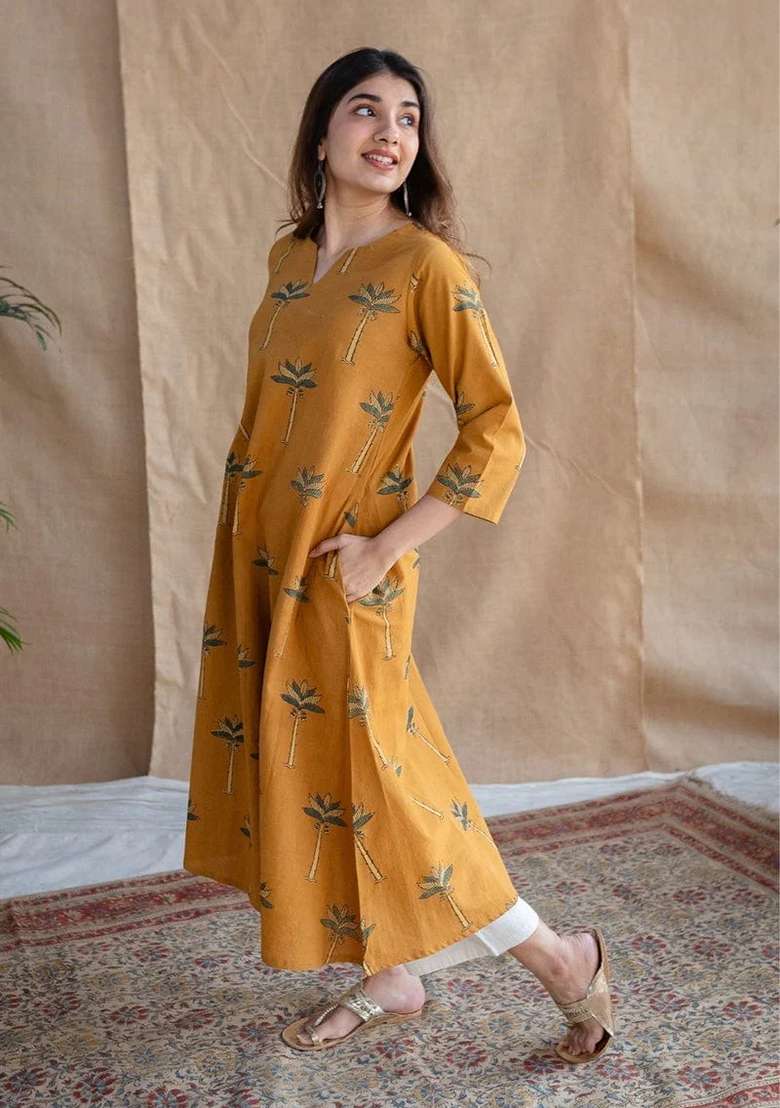 Yellow Embroidered Cotton Kurta Set - Indya