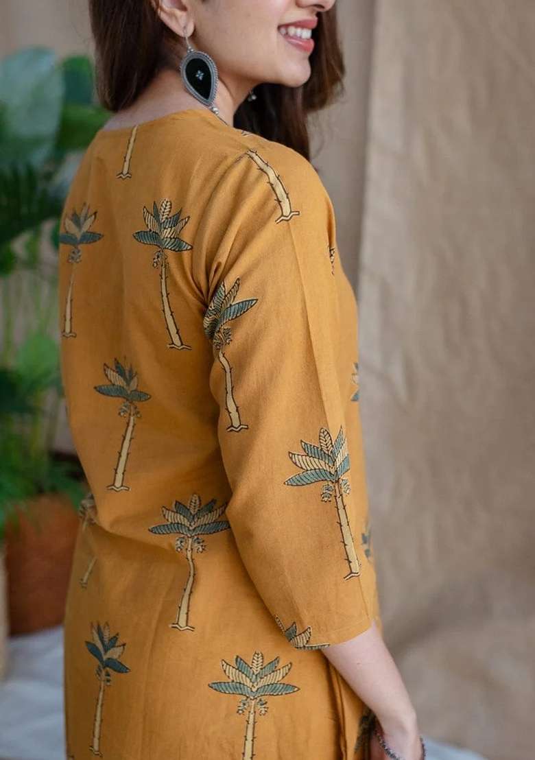 Yellow Embroidered Cotton Kurta Set - Indya