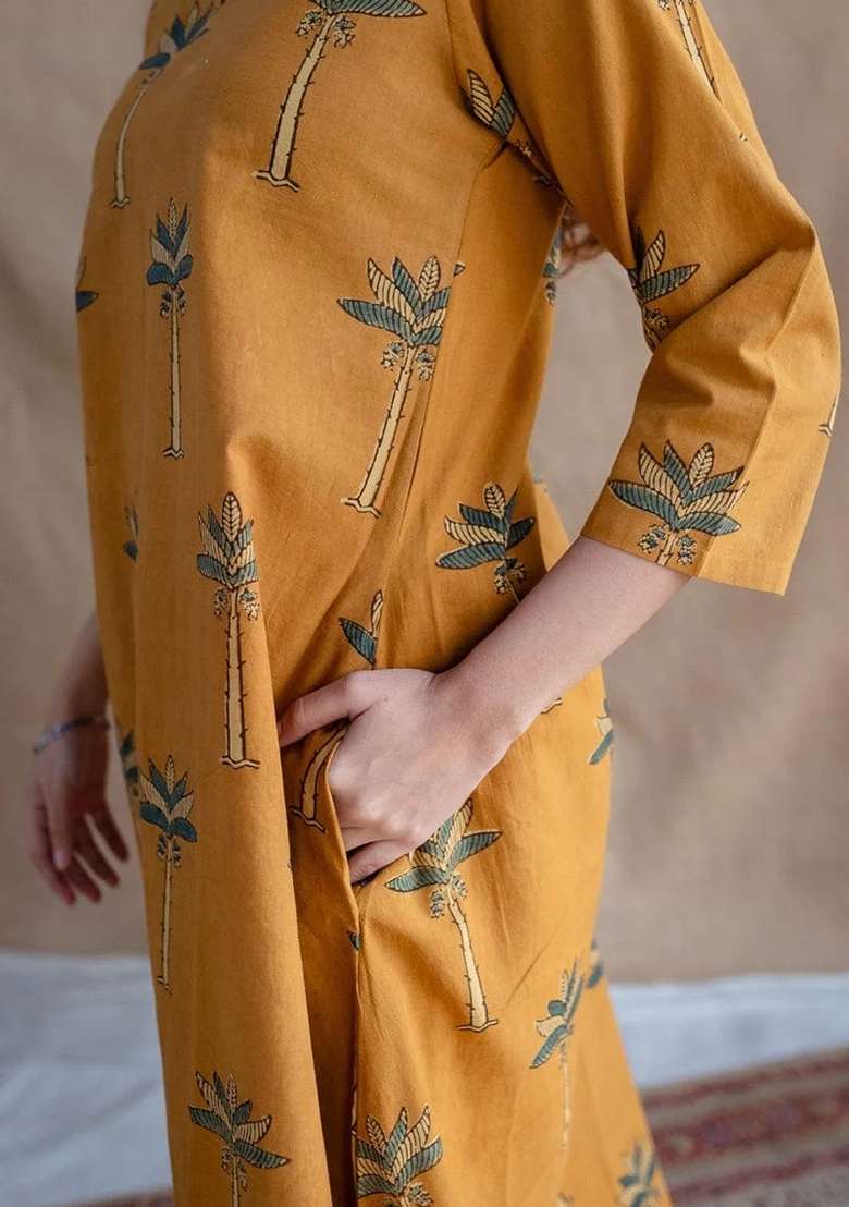 Yellow Embroidered Cotton Kurta Set - Indya
