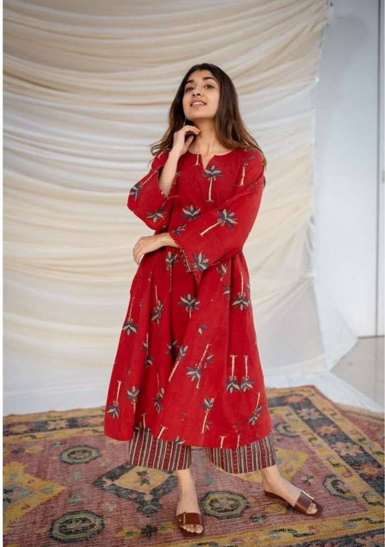 Red Printed Cotton A Line Kurta Set - Indya