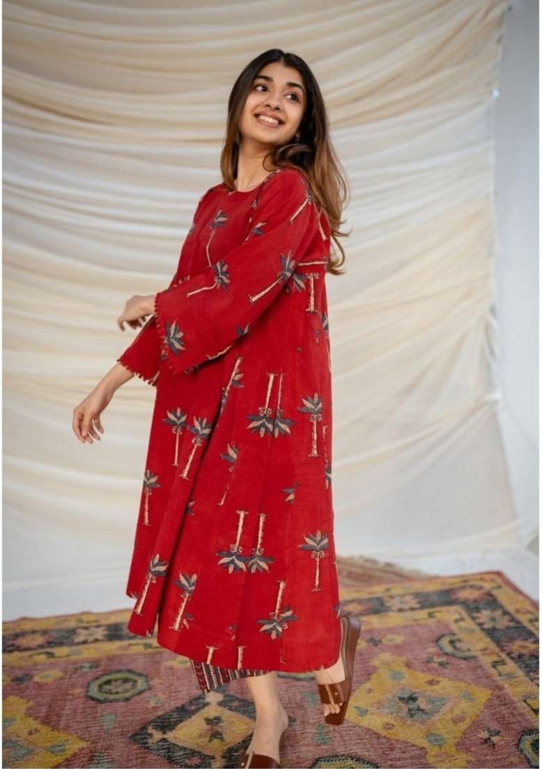 Red Printed Cotton A Line Kurta Set - Indya