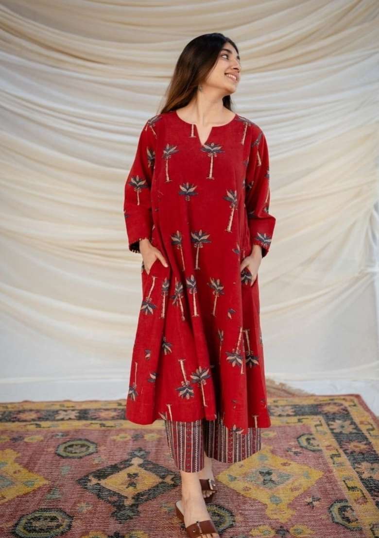 Red Printed Cotton A Line Kurta Set - Indya