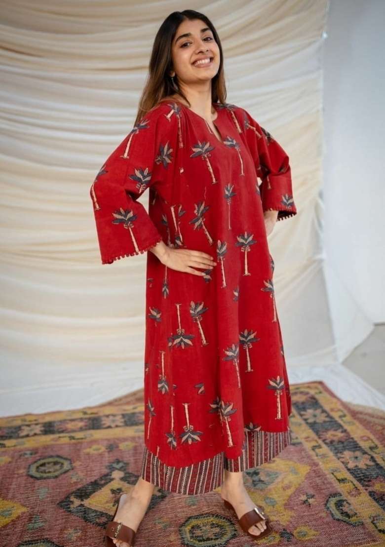 Red Printed Cotton A Line Kurta Set - Indya