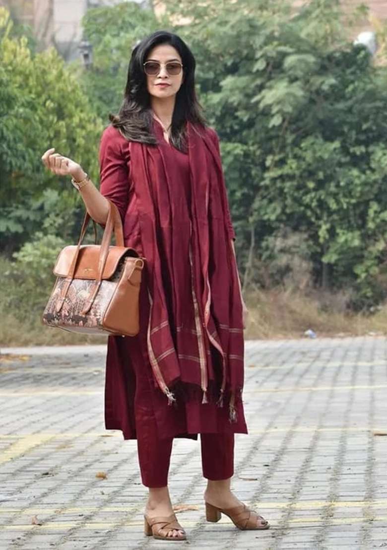 Maroon Solid Cotton Straight Kurta Set - Indya