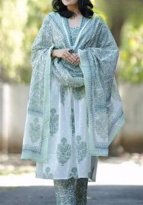 Green Printed Cotton A Line Kurta Set