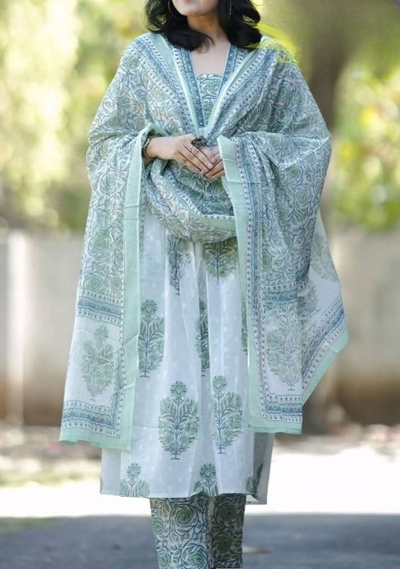 Green Printed Cotton A Line Kurta Set - Indya
