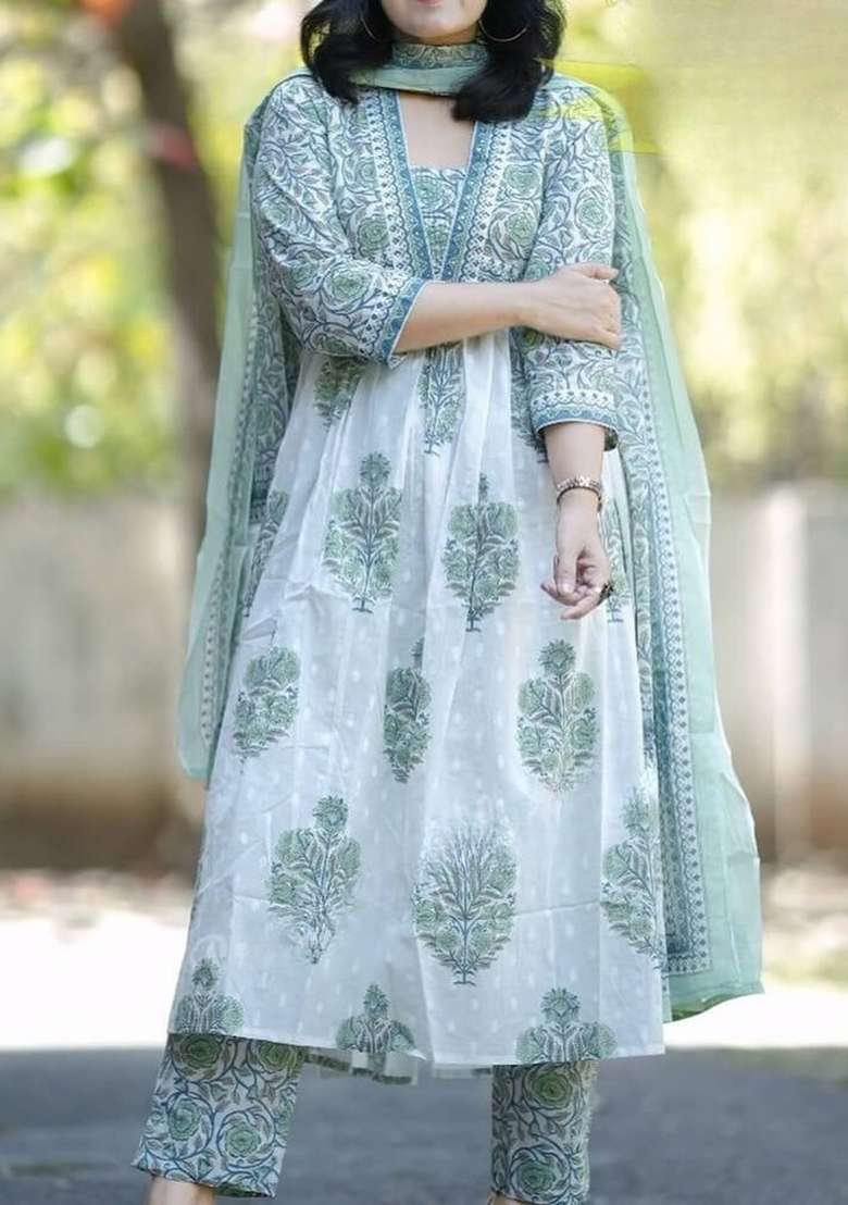 Green Printed Cotton A Line Kurta Set - Indya