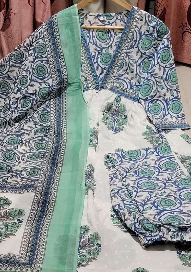 Green Printed Cotton A Line Kurta Set - Indya