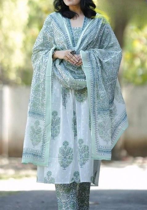 Green Printed Cotton Kurta Set