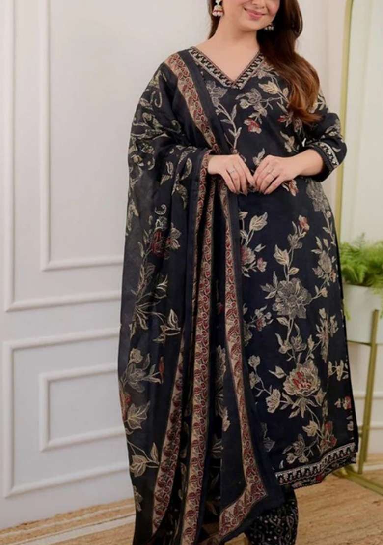 Black Embroidered Cotton Straight Kurta Set - Indya