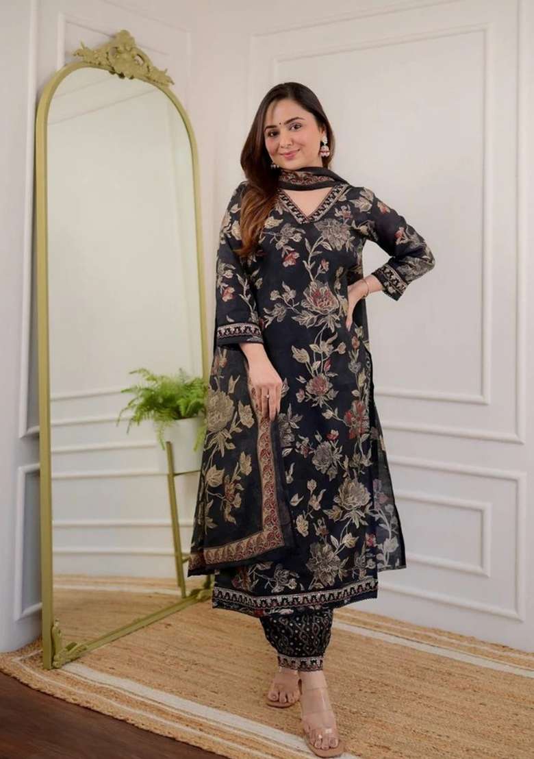 Black Embroidered Cotton Straight Kurta Set - Indya