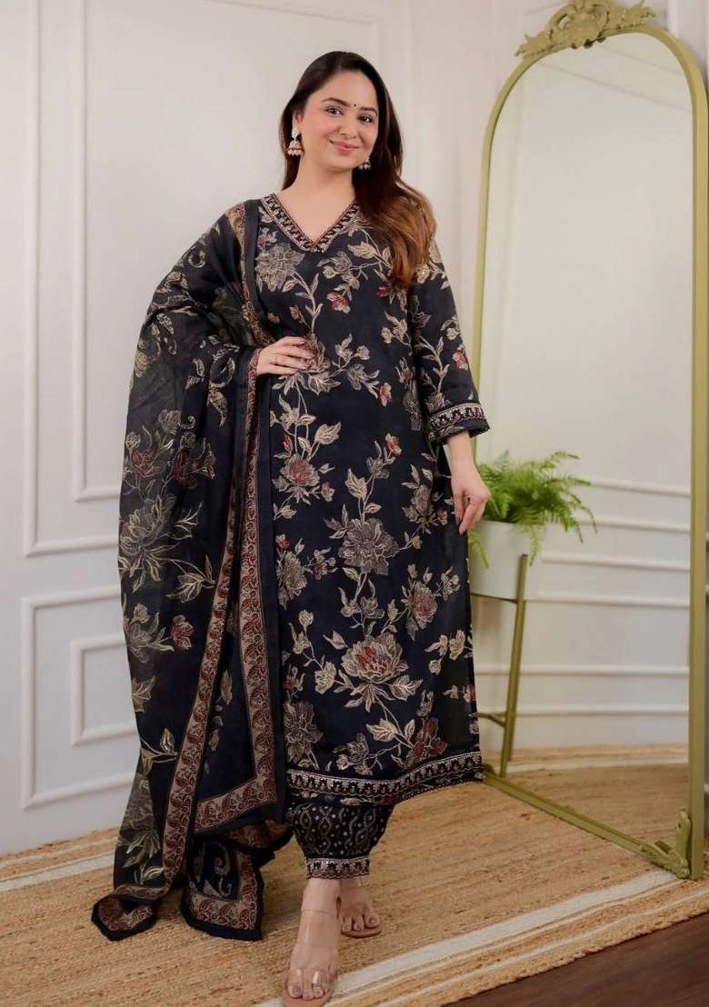 Black Embroidered Cotton Straight Kurta Set - Indya
