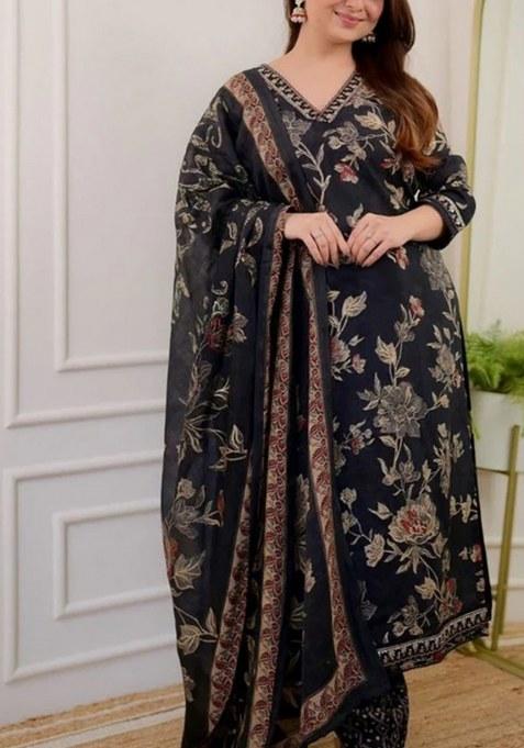 Black Printed Cotton Kurta Set